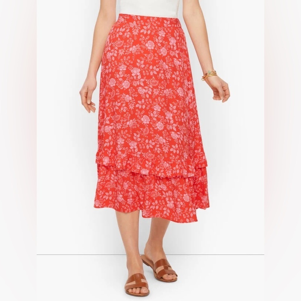 *TALBOTS* Bicolored Blossoms Tiered Ruffle Floral Midi Skirt NWT Size Large